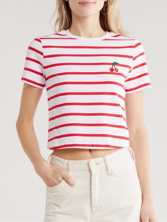 French Connection Tops - French Connection White and Red Striped Cropped Tee